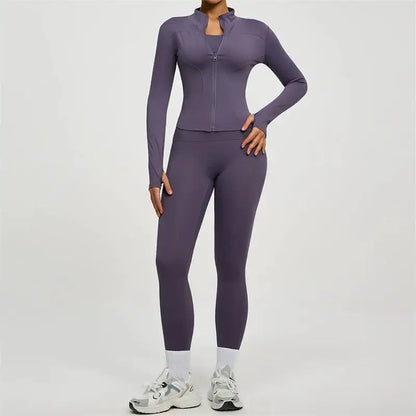SVEIC Gym Set 2 Piece Yoga Women's Tracksuit Long Sleeve Jacket Sport Top High Waist Leggings Fitness Breathable Wokrout Clothes
