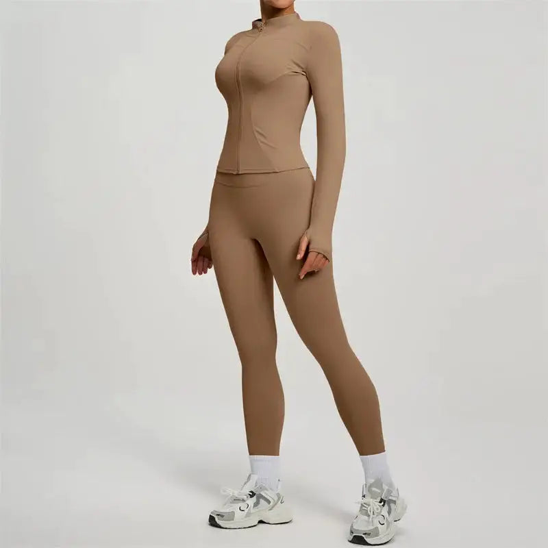SVEIC Gym Set 2 Piece Yoga Women's Tracksuit Long Sleeve Jacket Sport Top High Waist Leggings Fitness Breathable Wokrout Clothes