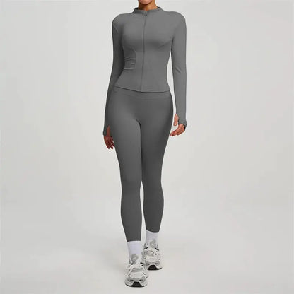 SVEIC Gym Set 2 Piece Yoga Women's Tracksuit Long Sleeve Jacket Sport Top High Waist Leggings Fitness Breathable Wokrout Clothes