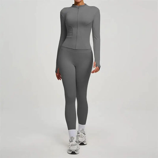 SVEIC Gym Set 2 Piece Yoga Women's Tracksuit Long Sleeve Jacket Sport Top High Waist Leggings Fitness Breathable Wokrout Clothes