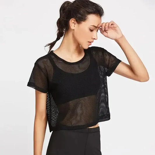 Womens Mesh Yoga Shirt Sexy Short Sleeve Sport Top