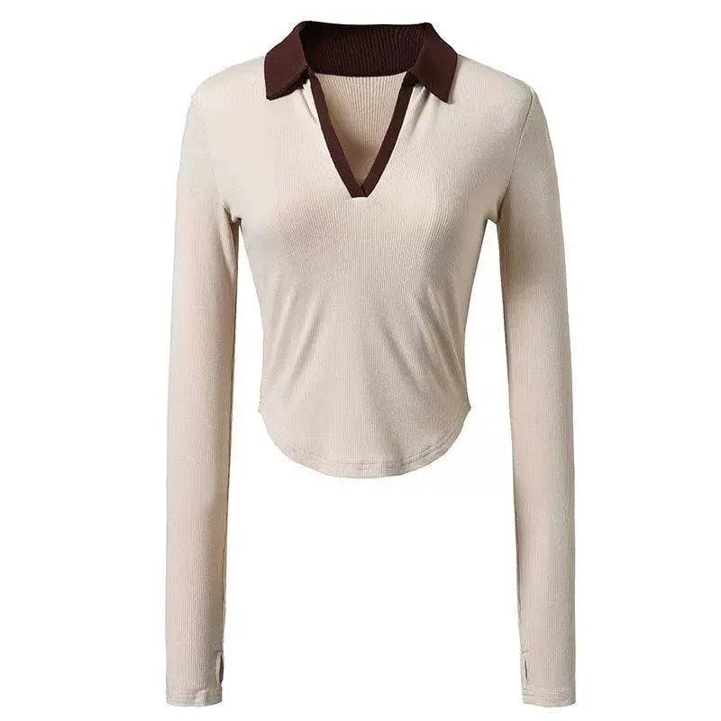 Lapel Contrast Color Maternity Sports Tee for Pregnant Women