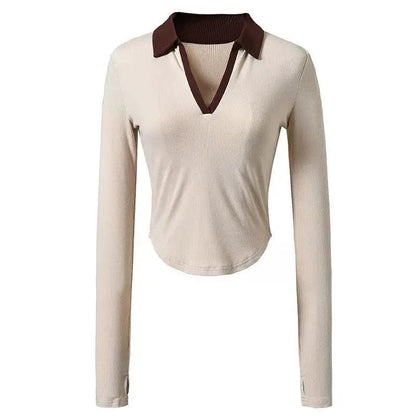 Lapel Contrast Color Maternity Sports Tee for Pregnant Women