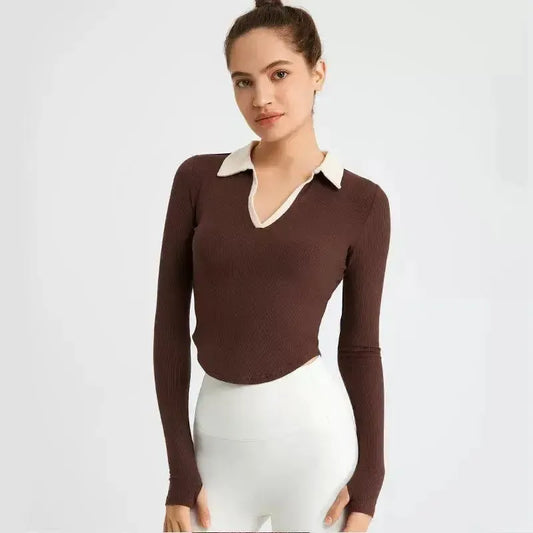 Lapel Contrast Color Maternity Sports Tee for Pregnant Women