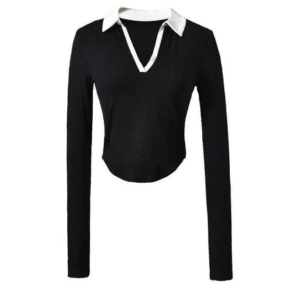 Lapel Contrast Color Maternity Sports Tee for Pregnant Women