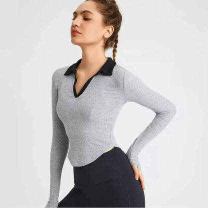 Lapel Contrast Color Maternity Sports Tee for Pregnant Women