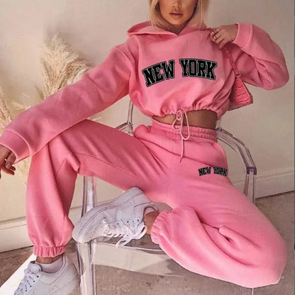 Womens Hooded Print Tracksuit Set Two Piece Pullover