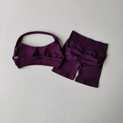 2 Pieces Women's Yoga Suit Seamless Fitness Gym Clothes Halter Sports Bra with Matching Shorts Workout Set Gym Outfit