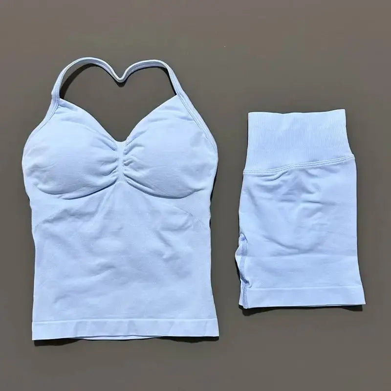 Women Sports Shorts Set Seamless Gym Longline Strappy Top and Tummy Control Short Leggings Suit Yoga Workout Activewear Set