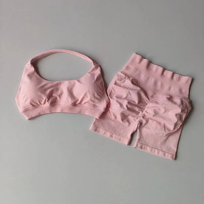 2 Pieces Yoga Suit for Women Seamless Fitness Gym Clothes Halter Sports Bra Matching Shorts Workout Sets Gym Set Outfit