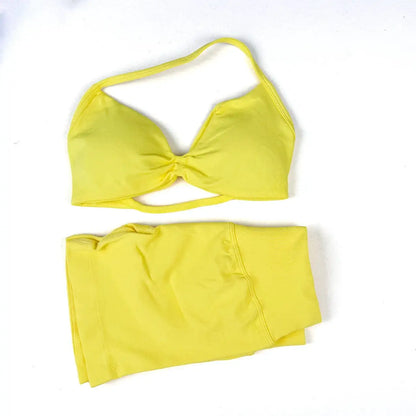 WANAYOU Seamless 2 Pcs Women Yoga Sets Halter Bras Sports Crop Tops Low Waist Scrunch Butt Gym Shorts Tight Quick Dry Leggings