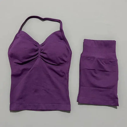 Women Sports Shorts Set Seamless Gym Longline Strappy Top and Tummy Control Short Leggings Suit Yoga Workout Activewear Set