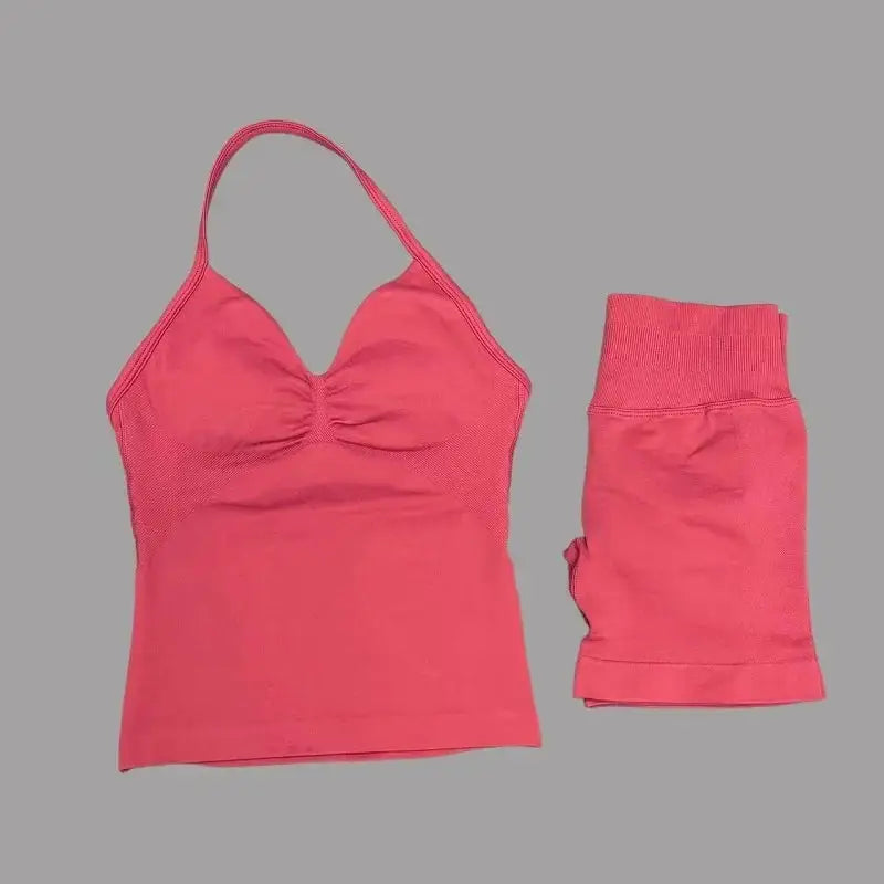 Women Sports Shorts Set Seamless Gym Longline Strappy Top and Tummy Control Short Leggings Suit Yoga Workout Activewear Set