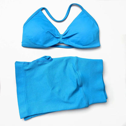 WANAYOU Seamless 2 Pcs Women Yoga Sets Halter Bras Sports Crop Tops Low Waist Scrunch Butt Gym Shorts Tight Quick Dry Leggings