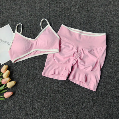 Peach Buttock Yoga Suit Women Gym Seamless Suspender Gathering Bra High Waist Hip Lifting Belly Tightening Shorts Fitness Set