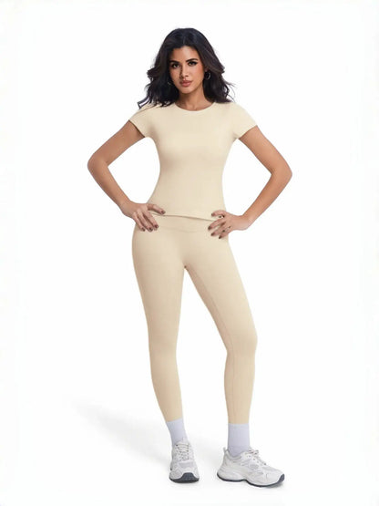 Women's 2 Piece Workout Set, Ultra-Soft Short Sleeve T-Shirt & High Waist Leggings, Seamless Butt Lifting Yoga Outfit for Gym, R