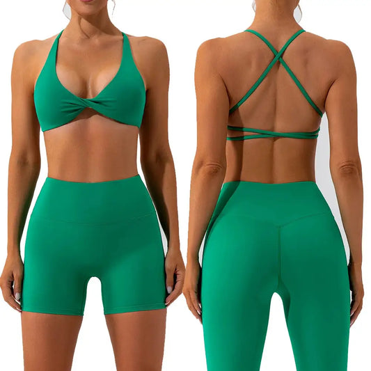 Women's 2 Piece Yoga Gym Sports Set Cross Back Bra Top & High Waist Shorts Fitness Running Workout Tracksuit