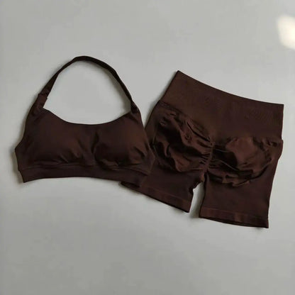 2PCs Peach High Waist Belly Hip Lifting Sports Bras Shorts Suit Gathering Shock-proof Neck Halter Yoga Suit Running Fitness Set