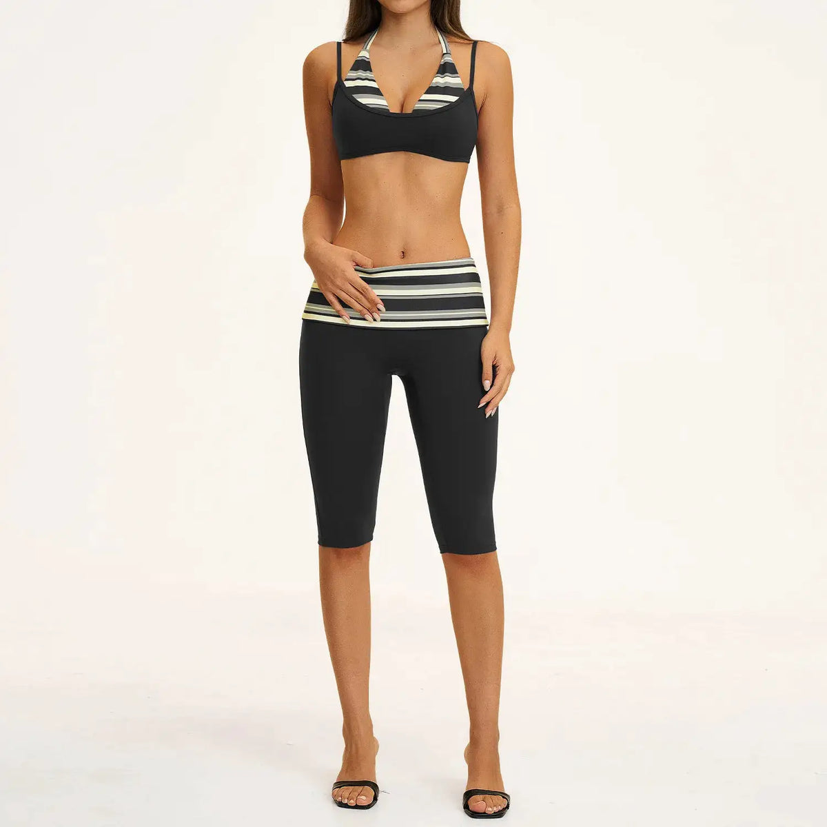 2PCS Stripes Fitness Suit Women's Tracksuits Polka Dot High Waist Workout Capri Pants Sports Set Female Yoga Sports Clothes