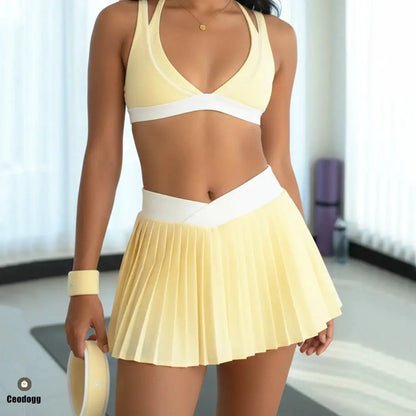 Women Two-Piece Skort Yoga Set Quick-Dry Breathable Anti-Chafing Pleated Skirt Running Gym Tennis Suits XP21