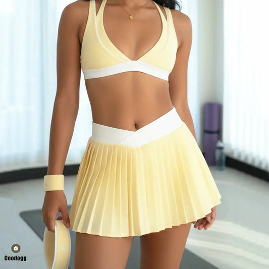 Women Two-Piece Skort Yoga Set Quick-Dry Breathable Anti-Chafing Pleated Skirt Running Gym Tennis Suits XP21