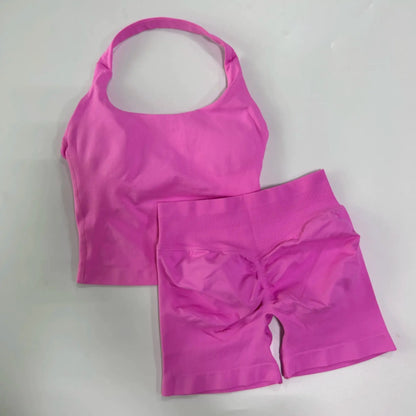 Yoga 2 Pieces Gym Set Women Backless Halter Tops High Waist Seamless Shorts Gym Suit Fitness Sports Bras Sportswear Workout Sets