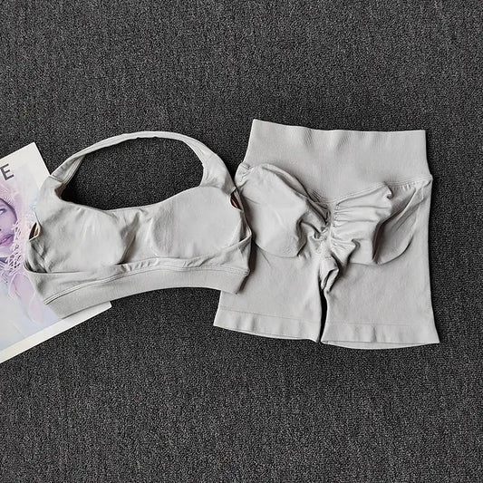 2PCs Peach High Waist Belly Hip Lifting Sports Bras Shorts Suit Gathering Shock-proof Neck Halter Yoga Suit Running Fitness Set