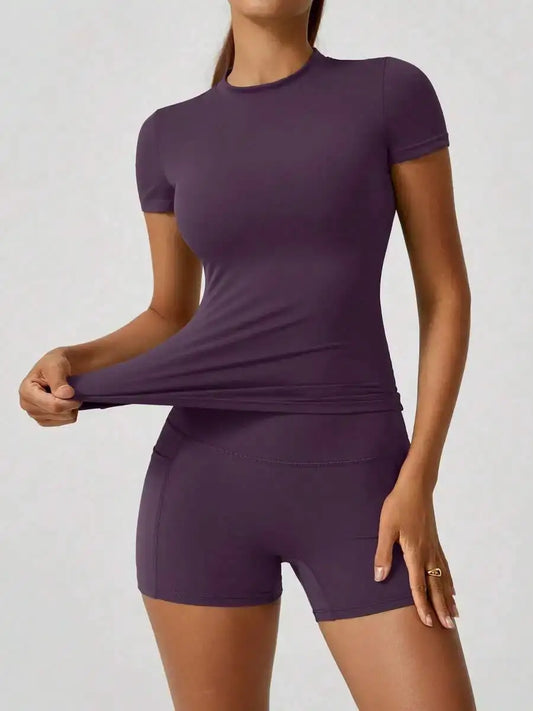 Women's Sweet Sports Short Sleeve High Waist Tummy Control Butt Lifting Shorts Set