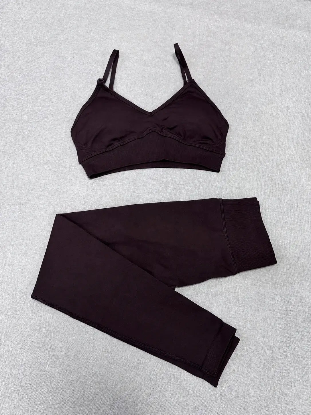 Quick Dry V Neck Sports Bra and Yoga Pants Set for Women, 90% Nylon 10% Spandex Moisture Wicking Two Piece Gym Fitness Workout Outfit, Strappy Crop Top Full Length Activewear for Running Training