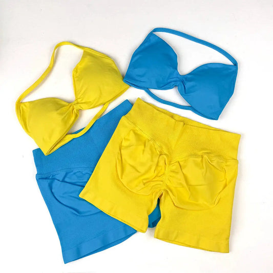 Seamless 2 Pieces Strappy Yoga Halter Bras Sets Scrunch Butt Sports Shorts Quick Dry Backless Gym Crop Tops with Pad Push Up Set