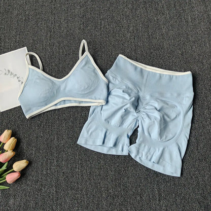 Peach Buttock Yoga Suit Women Gym Seamless Suspender Gathering Bra High Waist Hip Lifting Belly Tightening Shorts Fitness Set