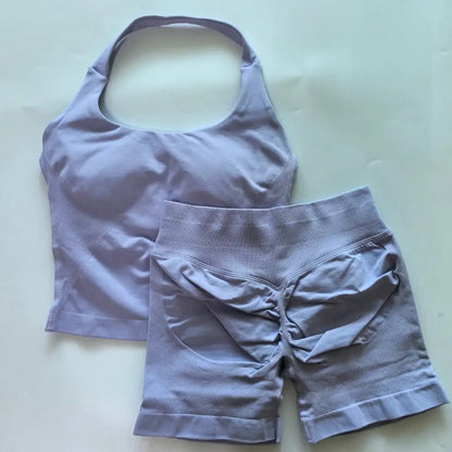 No Logo 2 Pieces Gym Set Women Backless Halter Tops High Waist Seamless Shorts Gym Suit Fitness Clothes Sportswear Workout Sets