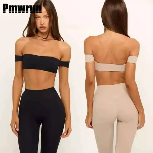 PMWRUN Women's Off - the - Shoulder Yoga Crop Top with High Waist Leggings Set, Stretchy and Breathable for Gym & Workout