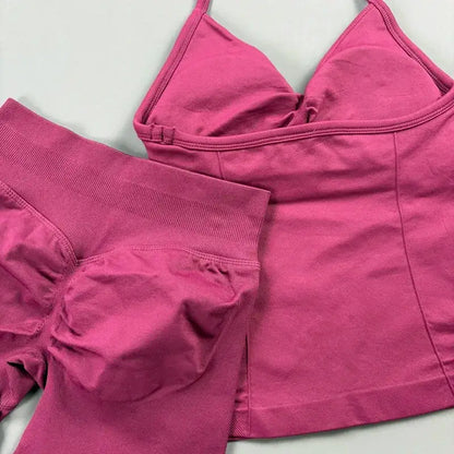 Women Sports Shorts Set Seamless Gym Longline Strappy Top and Tummy Control Short Leggings Suit Yoga Workout Activewear Set