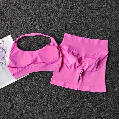 2 Pieces Yoga Suit for Women Seamless Fitness Gym Clothes Halter Sports Bra Matching Shorts Workout Sets Gym Set Outfit