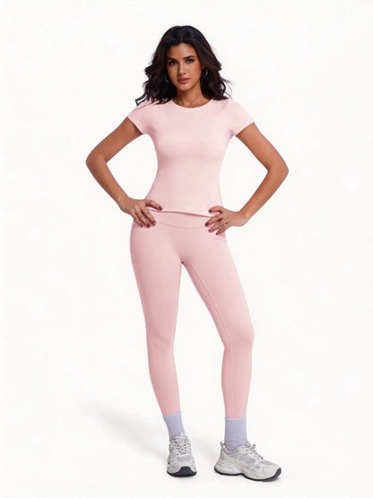 Women's 2 Piece Workout Set, Ultra-Soft Short Sleeve T-Shirt & High Waist Leggings, Seamless Butt Lifting Yoga Outfit for Gym, R