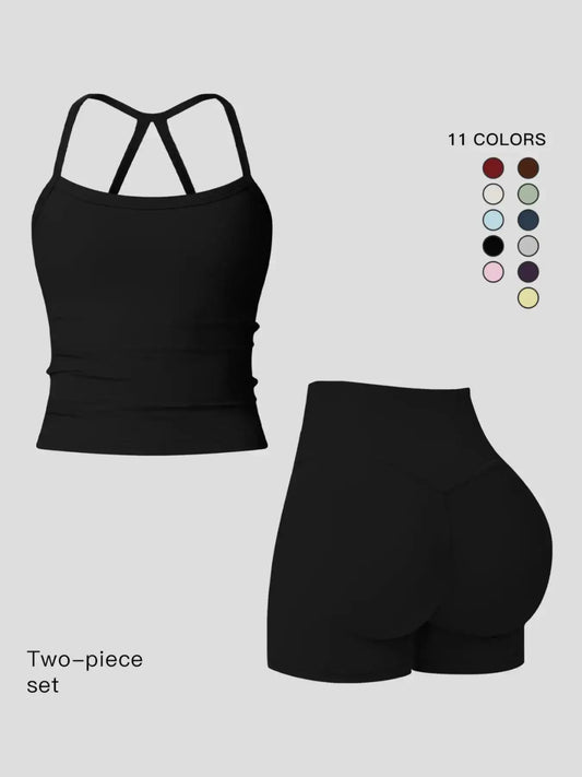 Women 2 Piece Yoga Set Quick Dry Workout Tracksuit Backless Cami Top High Waist Tummy Control Butt Lifting Shorts Ladies Fitness Sportswear Gym Outfits Activewear Running Suit