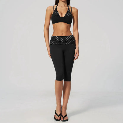 Women 2Pcs Yoga Set Halter Sports Bra Fold Over Waist Capri Leggings Striped Polka Dot Fitness Running Workout Gym Activewear