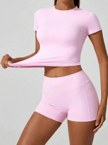 Women's Sweet Sports Short Sleeve High Waist Tummy Control Butt Lifting Shorts Set