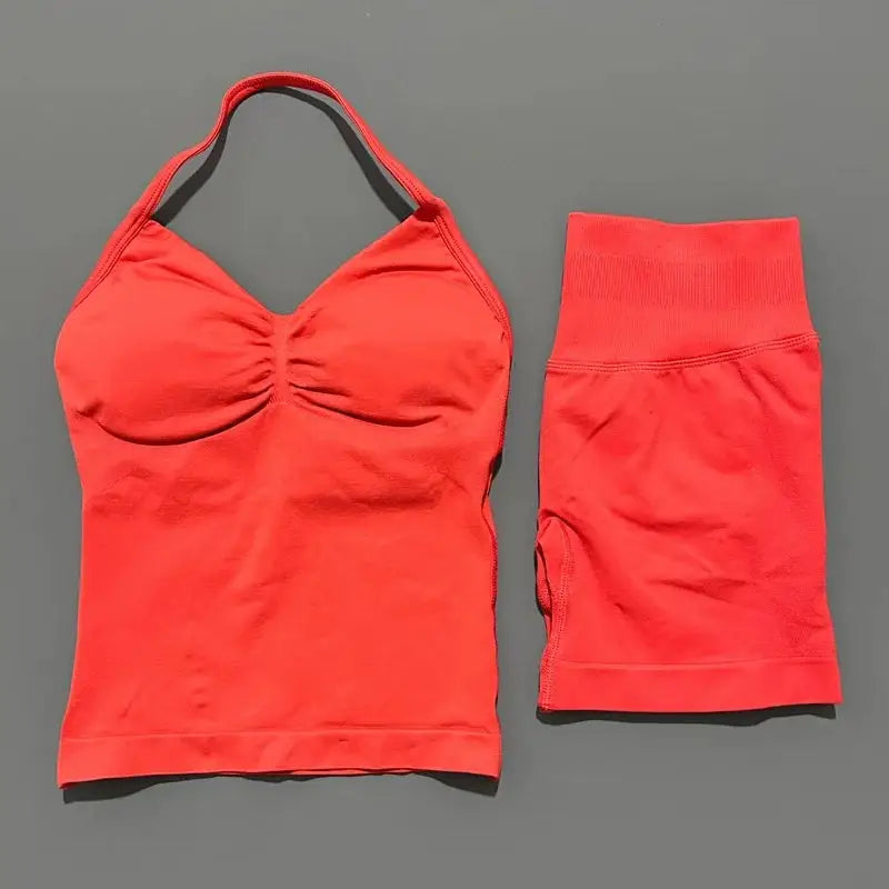 Women Sports Shorts Set Seamless Gym Longline Strappy Top and Tummy Control Short Leggings Suit Yoga Workout Activewear Set