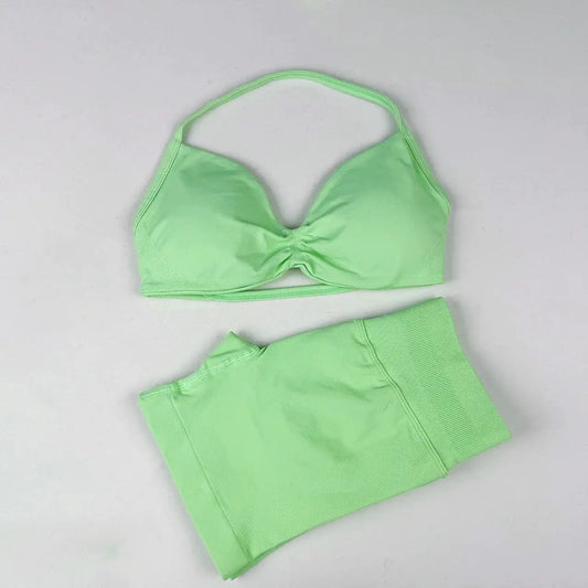 Seamless 2 Pieces Strappy Yoga Halter Bras Sets Scrunch Butt Sports Shorts Quick Dry Backless Gym Crop Tops with Pad Push Up Set