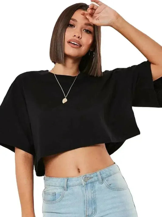 Cotton Women Short Sleeve Crop Top Navel Baring Yoga Fitness