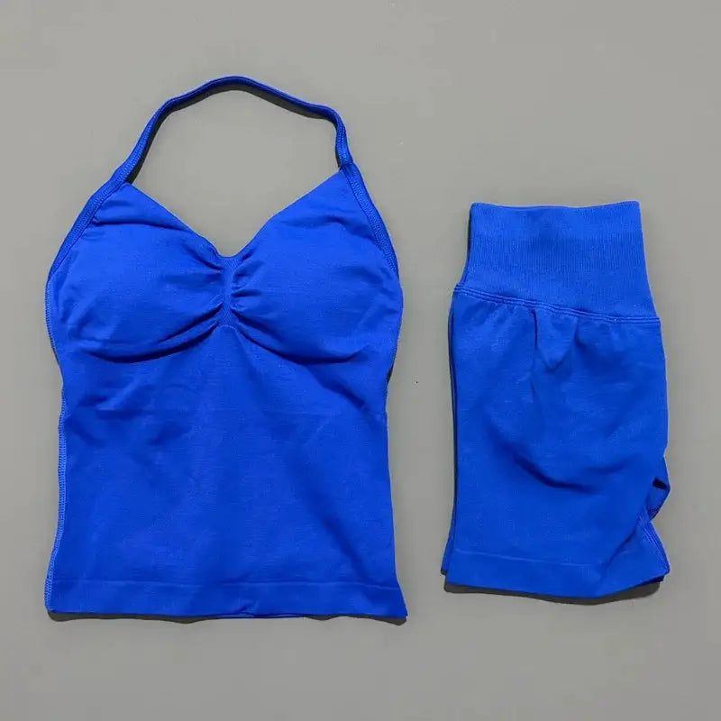 Women Sports Shorts Set Seamless Gym Longline Strappy Top and Tummy Control Short Leggings Suit Yoga Workout Activewear Set