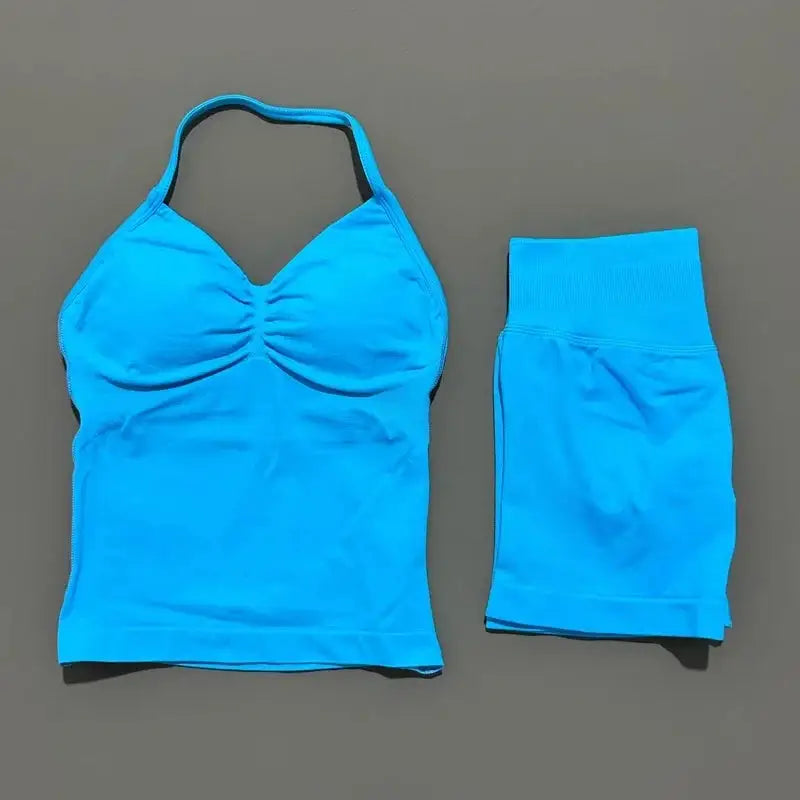 Women Sports Shorts Set Seamless Gym Longline Strappy Top and Tummy Control Short Leggings Suit Yoga Workout Activewear Set