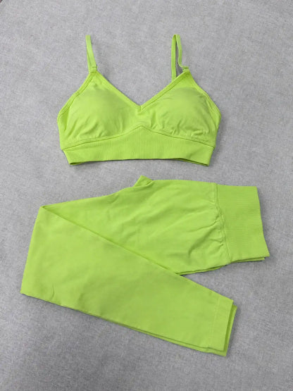 Quick Dry V Neck Sports Bra and Yoga Pants Set for Women, 90% Nylon 10% Spandex Moisture Wicking Two Piece Gym Fitness Workout Outfit, Strappy Crop Top Full Length Activewear for Running Training