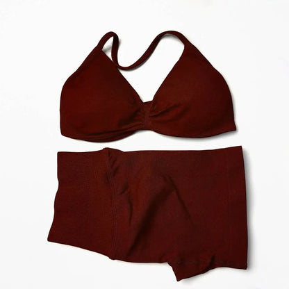 WANAYOU Seamless 2 Pcs Women Yoga Sets Halter Bras Sports Crop Tops Low Waist Scrunch Butt Gym Shorts Tight Quick Dry Leggings