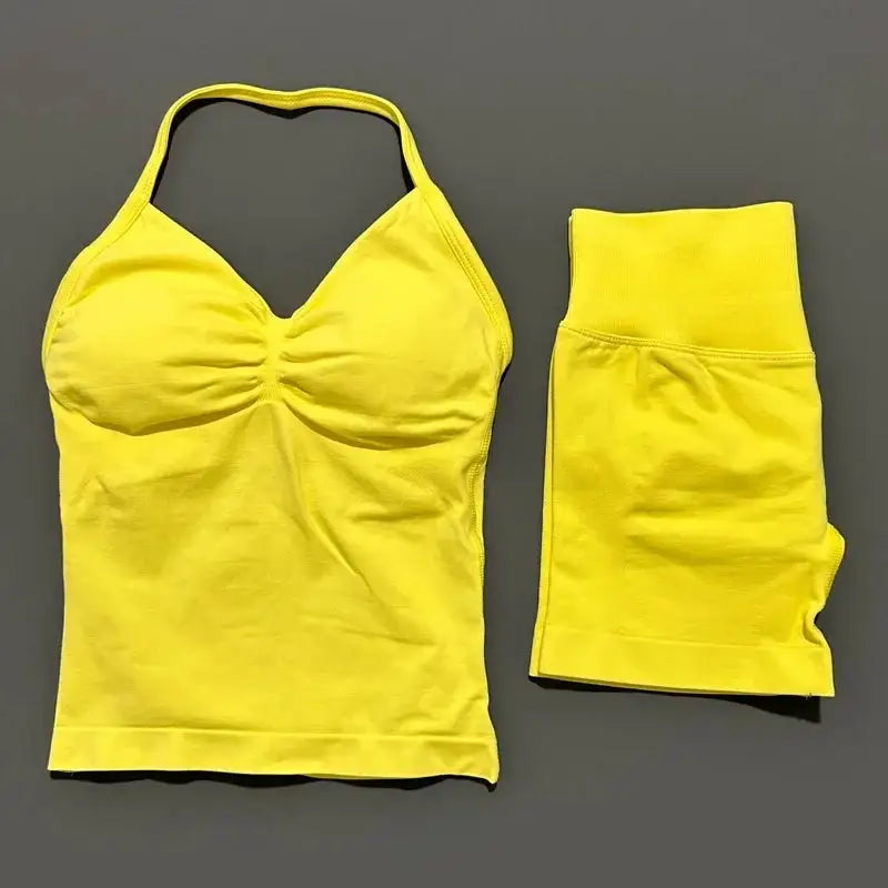 Women Sports Shorts Set Seamless Gym Longline Strappy Top and Tummy Control Short Leggings Suit Yoga Workout Activewear Set