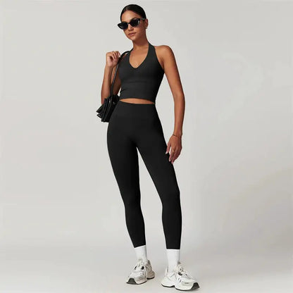 2 Pieces Women Yoga Set Workout Sportswear Gym Clothing Fitness Short Sleeve Crop Top High Waist Leggings Sport Suits