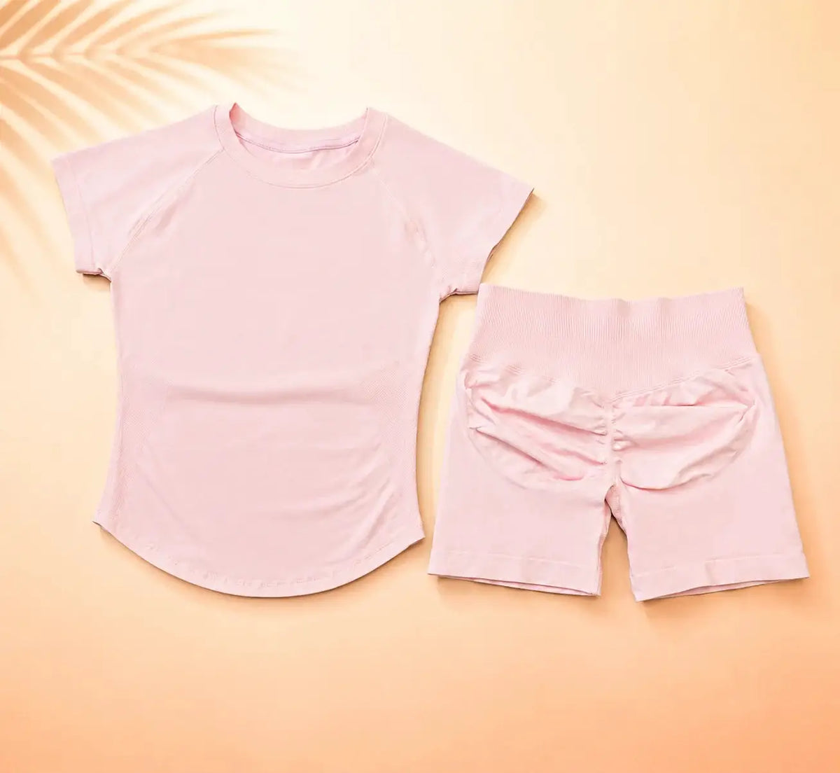 NoLogo Women Ribbed Yoga 2-Piece Set Tummy Short Sleeve Top High Waist Butt Lifting Shorts Seamless Gym for Fitness Running