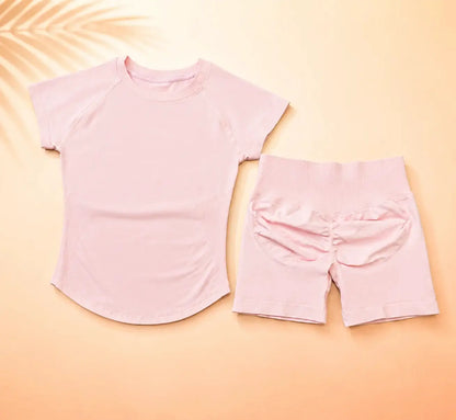 NoLogo Women Ribbed Yoga 2-Piece Set Tummy Short Sleeve Top High Waist Butt Lifting Shorts Seamless Gym for Fitness Running